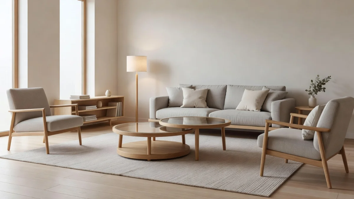 Table gigogne ronde en bois dans un salon décoré avec style scandinave