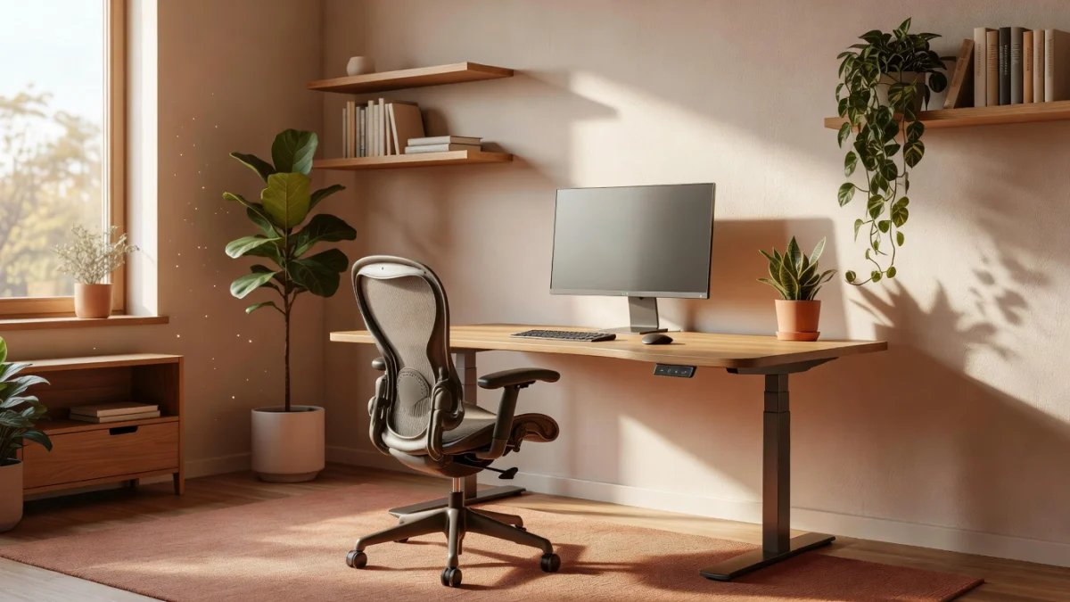Bureau moderne et inspirant avec plantes, mobilier ergonomique et décoration soignée