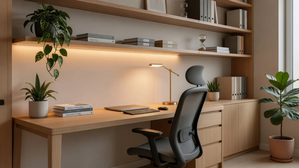 Bureau design et confortable avec bureau réglable en hauteur, chaise ergonomique et éclairage naturel