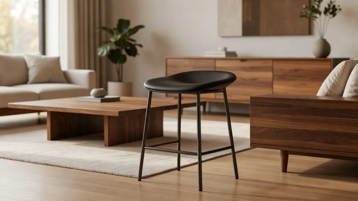 Tabouret noir en métal associé à une table en bois clair dans une cuisine moderne