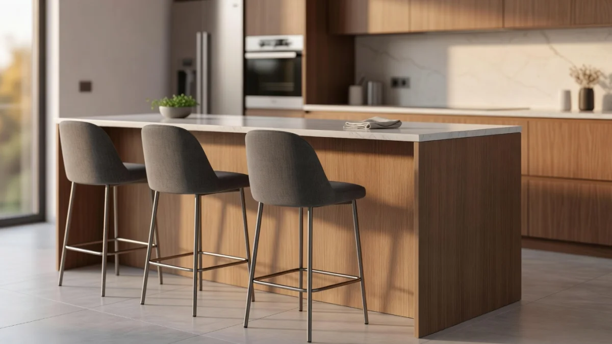 Tabourets de bar alignés devant un comptoir en bois, illustrant l'importance de la hauteur d'assise adaptée au plan