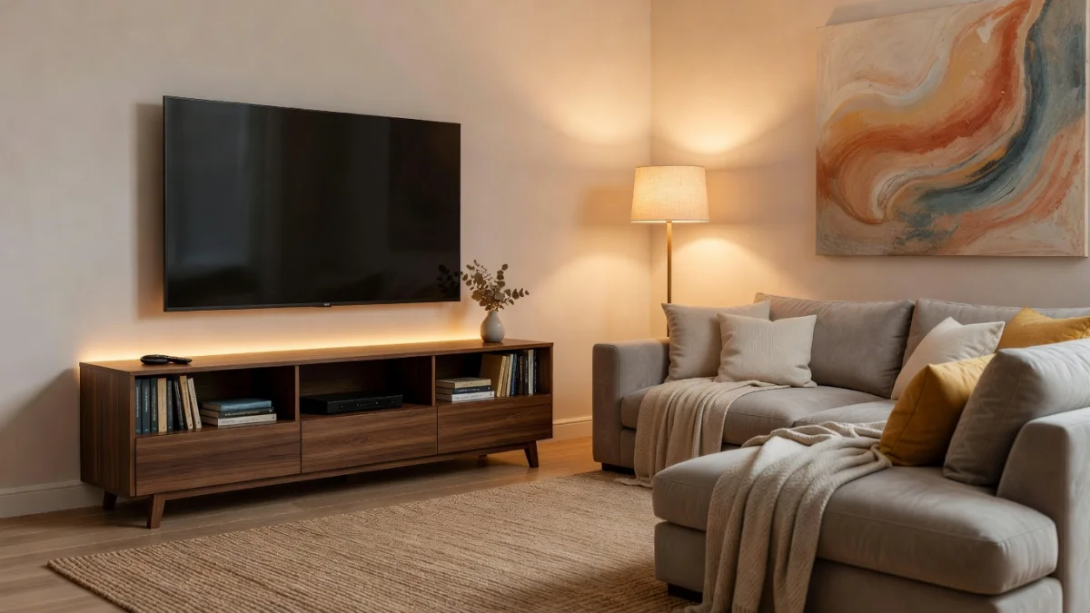 Meuble TV bien proportionné dans un salon moderne avec un grand écran plat
