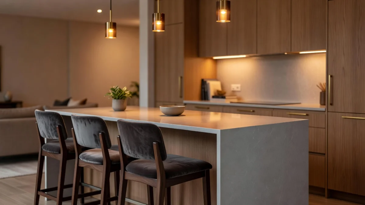 Fauteuils de bar design et confortables autour d'un îlot de cuisine moderne