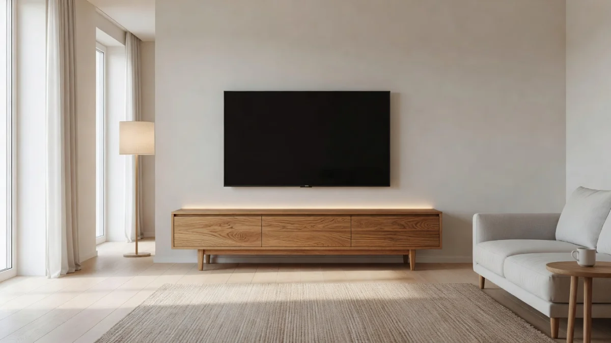 Meuble TV en chêne massif dans un salon contemporain lumineux