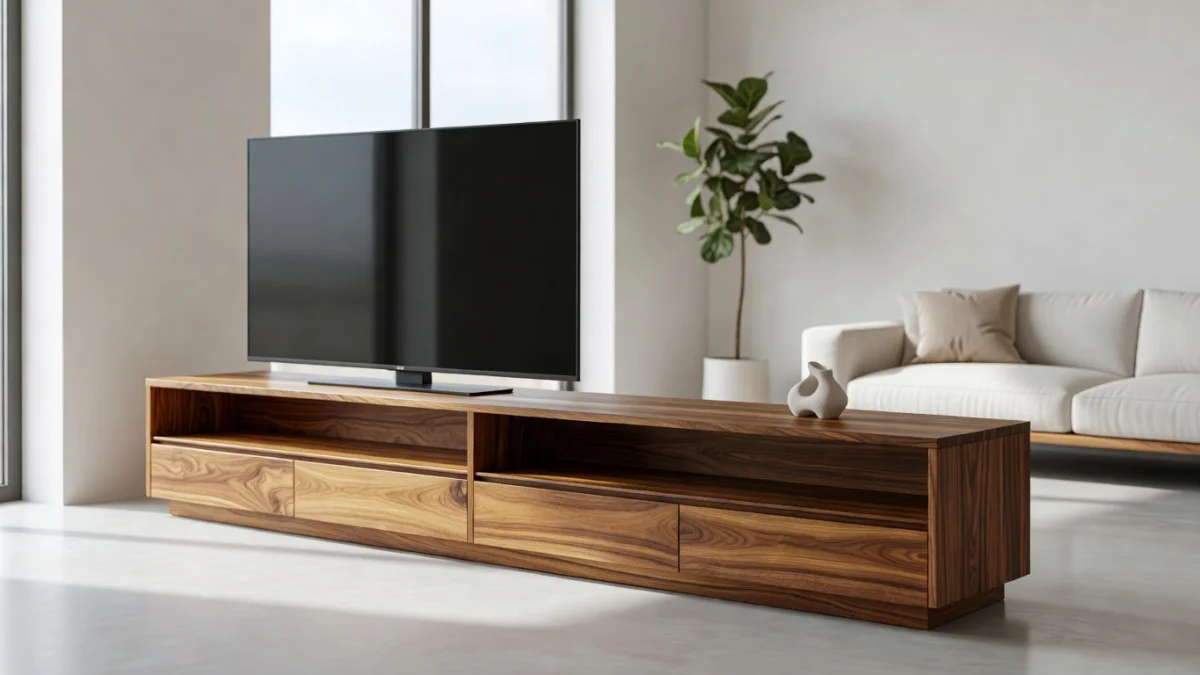Meuble TV en teck dans un salon moderne, avec un grand écran posé dessus en parfaite harmonie de proportions