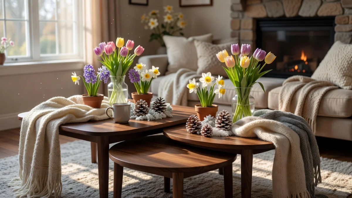 Tables basses gigognes décorées selon les saisons dans un salon lumineux