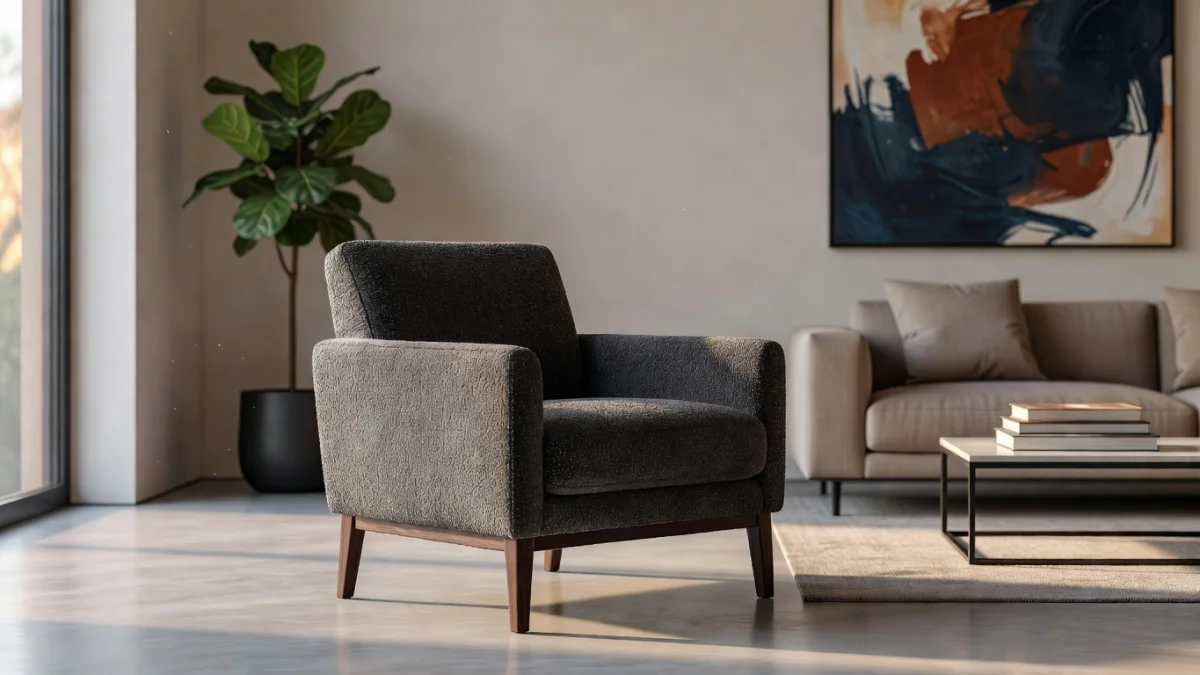 Fauteuil lounge design installé dans un salon moderne avec des espaces de circulation bien dégagés
