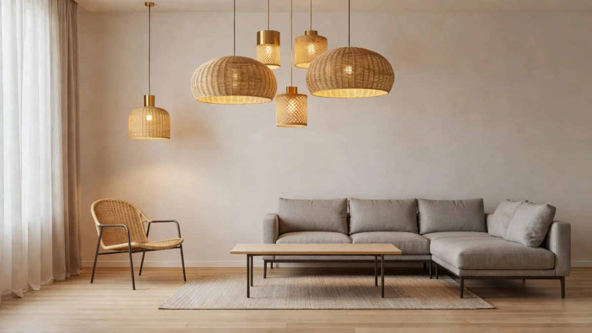 Luminaires tendance 2024 : suspension en rotin naturel et lampe minimaliste dans un salon moderne