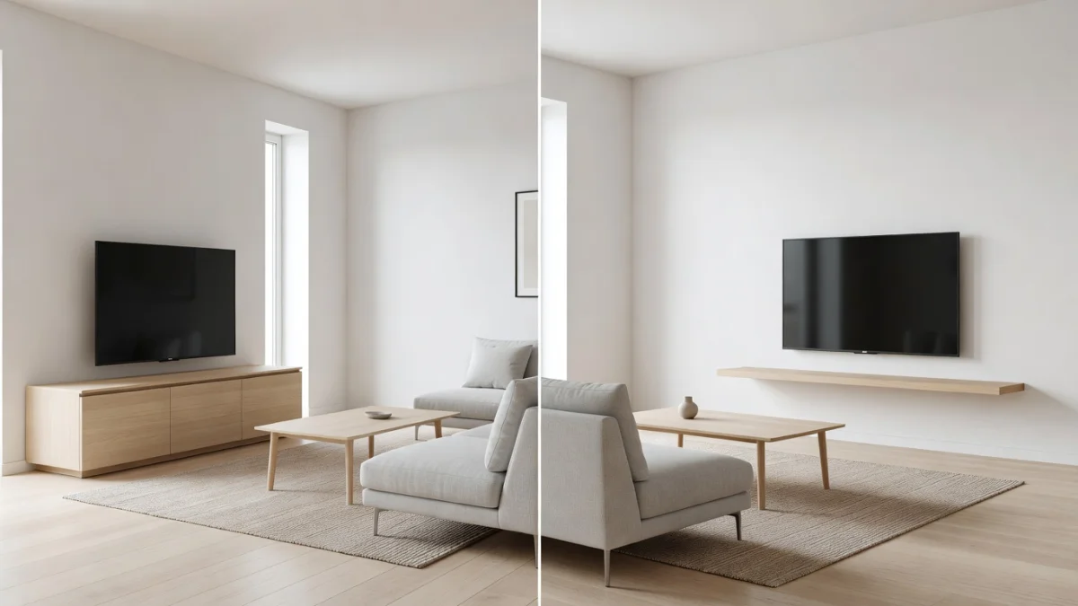 Salon moderne avec un meuble TV suspendu en bois clair face à un canapé gris