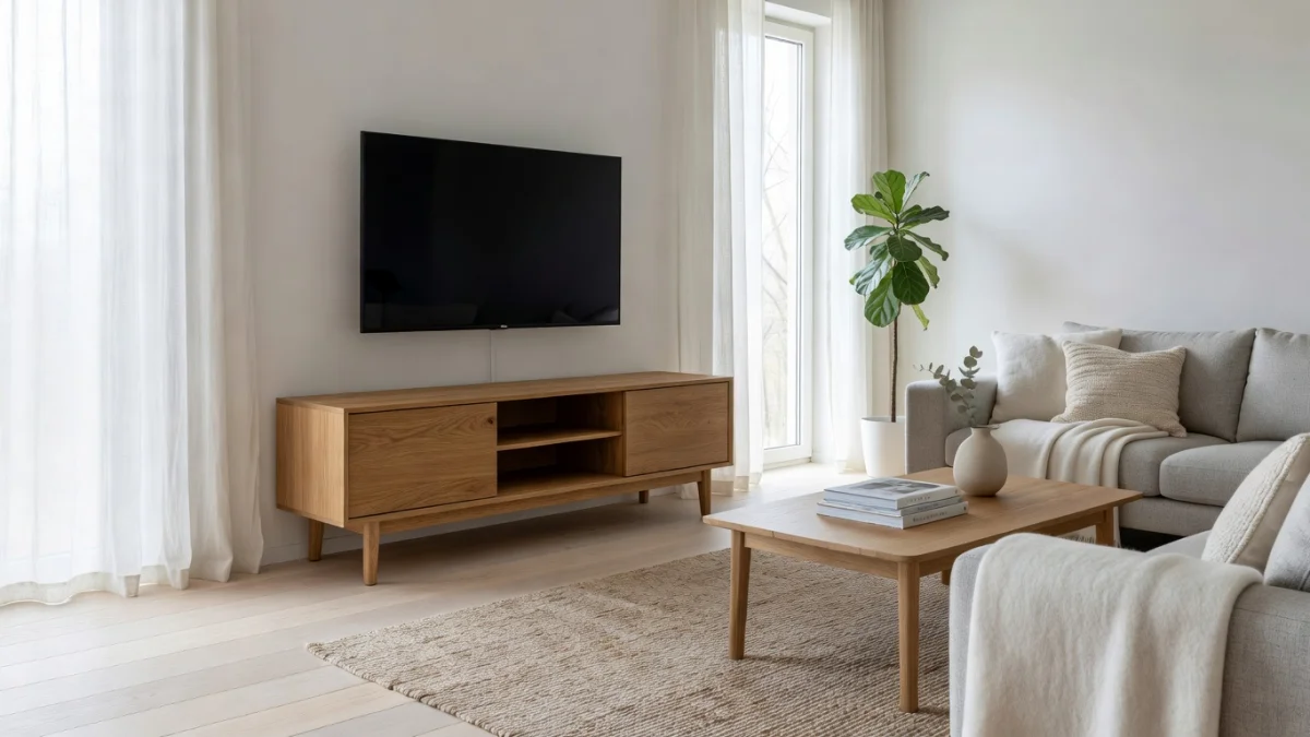 Meuble TV en chêne massif dans un salon moderne et lumineux