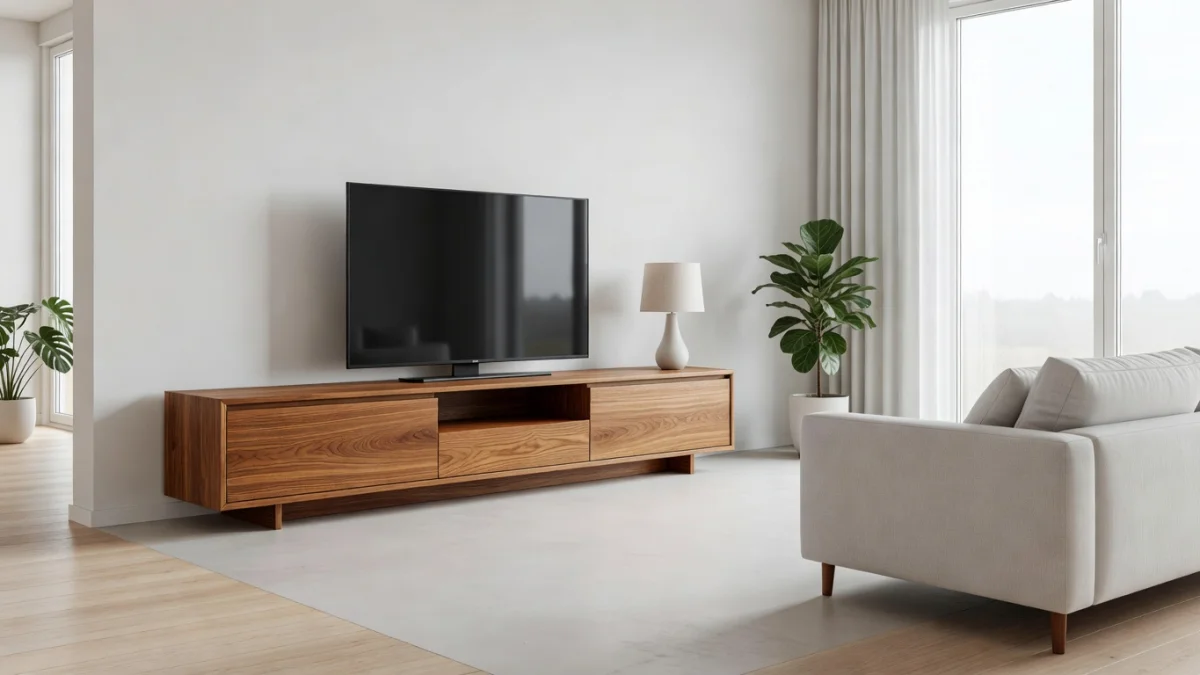 Meuble TV en teck massif dans un salon contemporain avec rangements intégrés