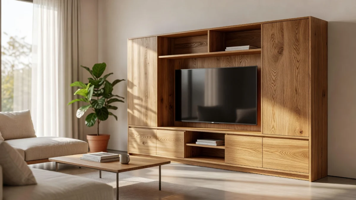 Meuble TV en chêne massif dans un salon moderne, comparaison avec un meuble en bois plaqué