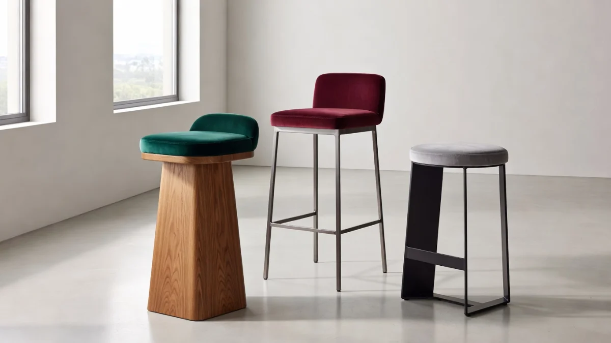 Tabourets design en bois, métal et velours dans un intérieur moderne et lumineux