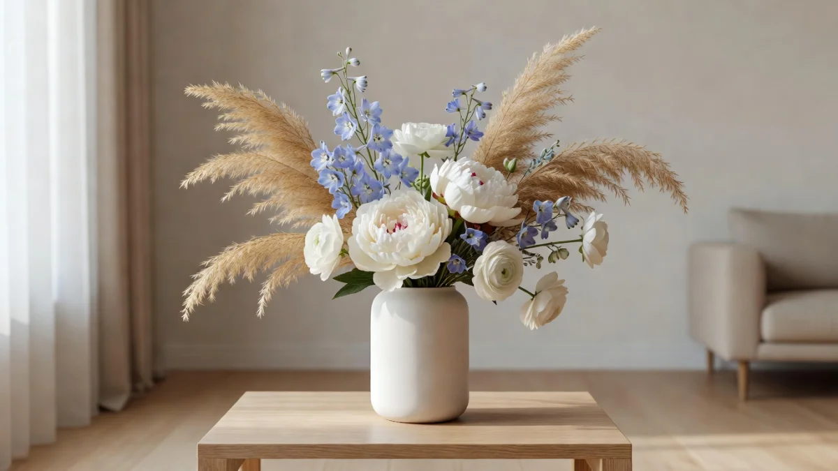 Vase blanc avec une composition florale élégante de pivoines roses et feuillage d'eucalyptus