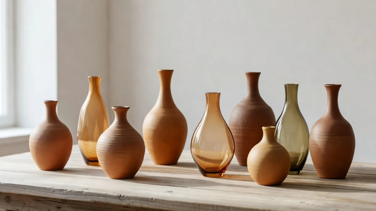 Vases design tendance 2025 en céramique artisanale, verre soufflé et terre cuite disposés sur une console moderne